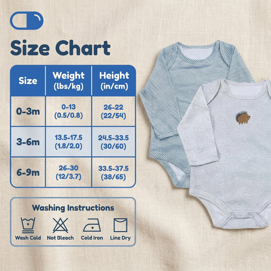 The image is a size chart for baby clothing, providing measurements and corresponding washing instructions for different age groups.
