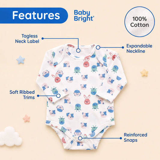a baby onesie with a playful animal print, including a rabbit, cat, and dog. The onesie has a tagless neck label, an expandable neckline, soft ribbed trims, reinforced snaps, and 100% cotton fabric.