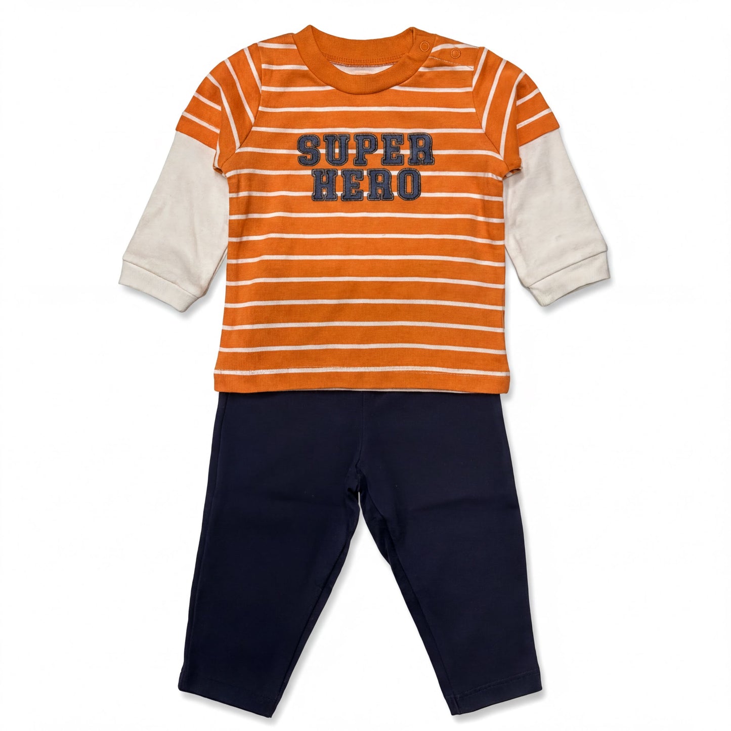 Orange and white striped shirt with the text "SUPER HERO" printed on it, paired with navy blue pants.