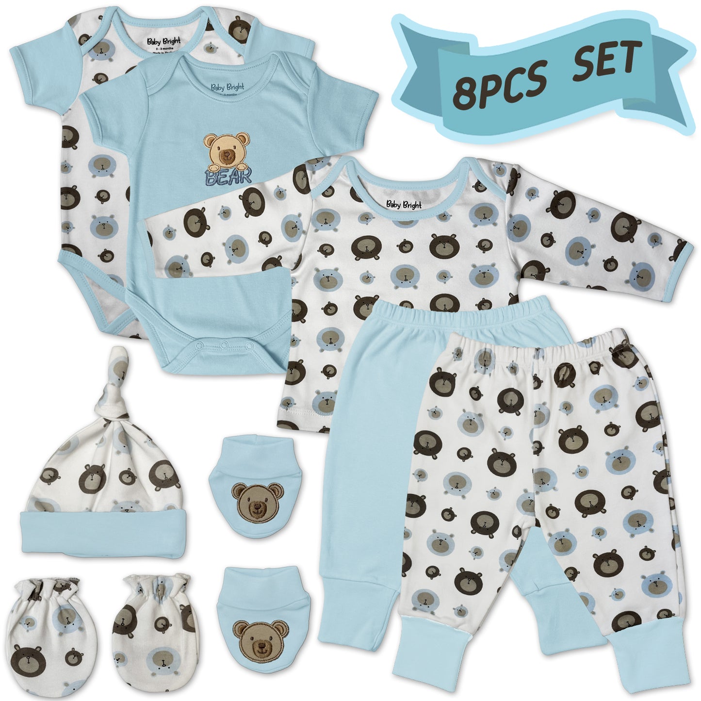 BearCuddle – Baby Bright 8-Piece Soft Cotton Layette Set for Baby Boys, 0–3 Months Blue