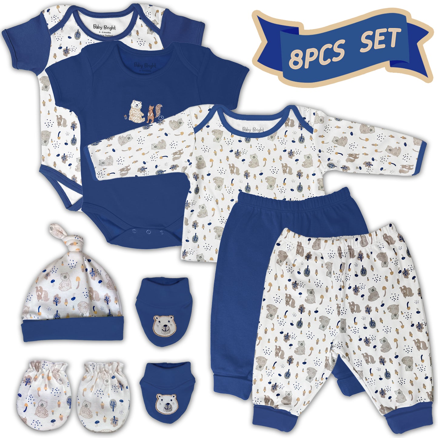 Ocean Cuddle – Baby Bright 8-Piece Soft Cotton Layette Set for Baby Boys, 0–3 Months Blue