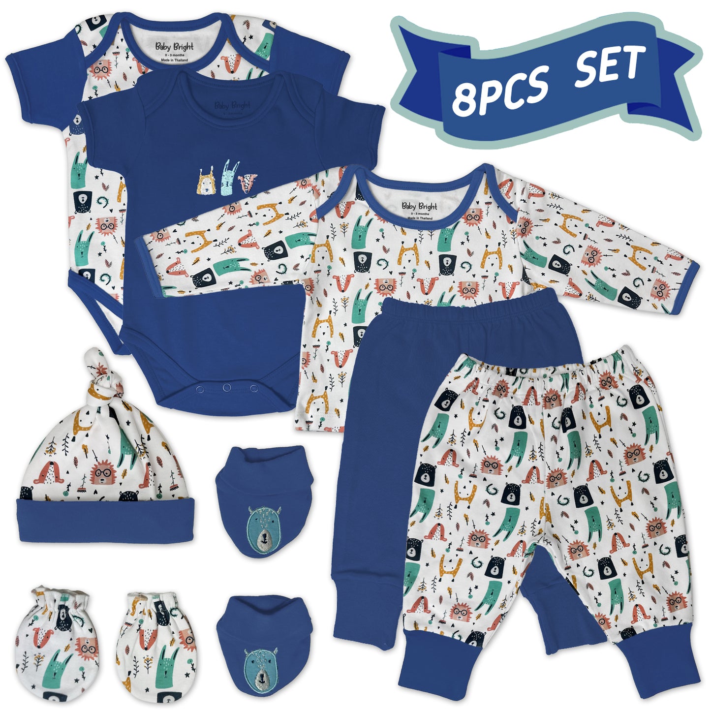 Blue Whimsy – Baby Bright 8-Piece Soft Cotton Layette Set for Baby Boys, 0–3 Months Cartoon