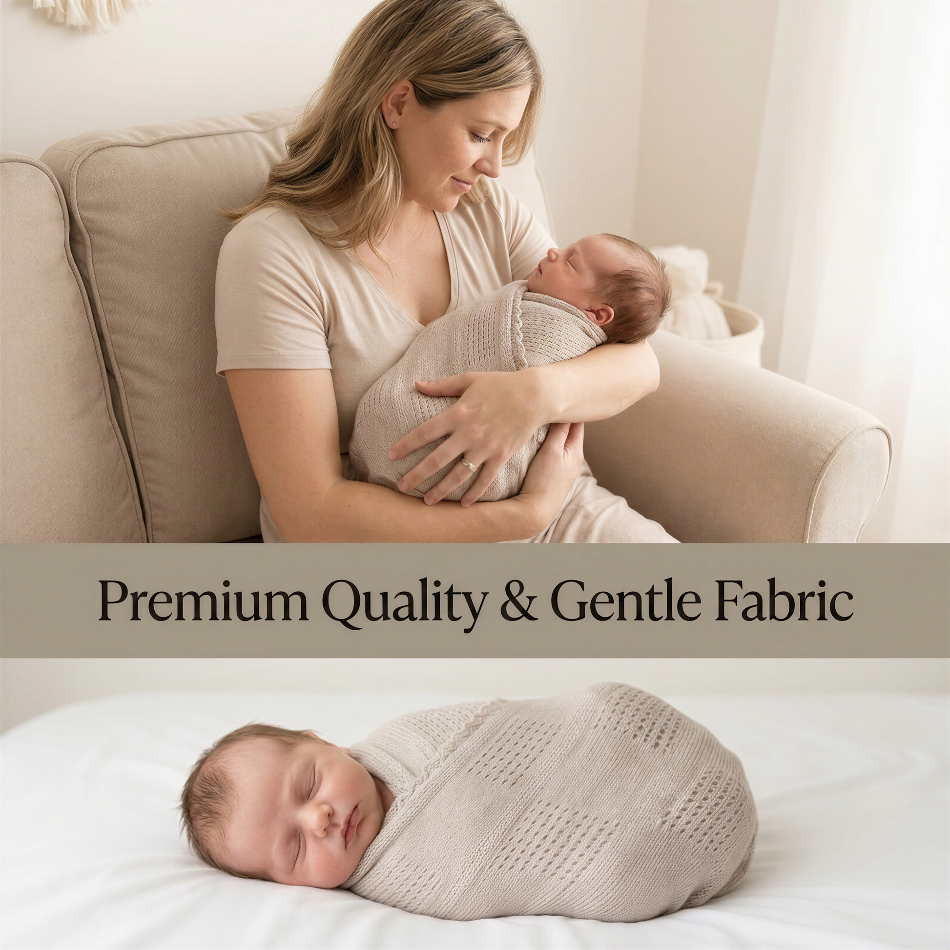 A woman is holding a sleeping newborn baby wrapped in a blanket, with a caption that reads "Premium Quality & Gentle Fabric".