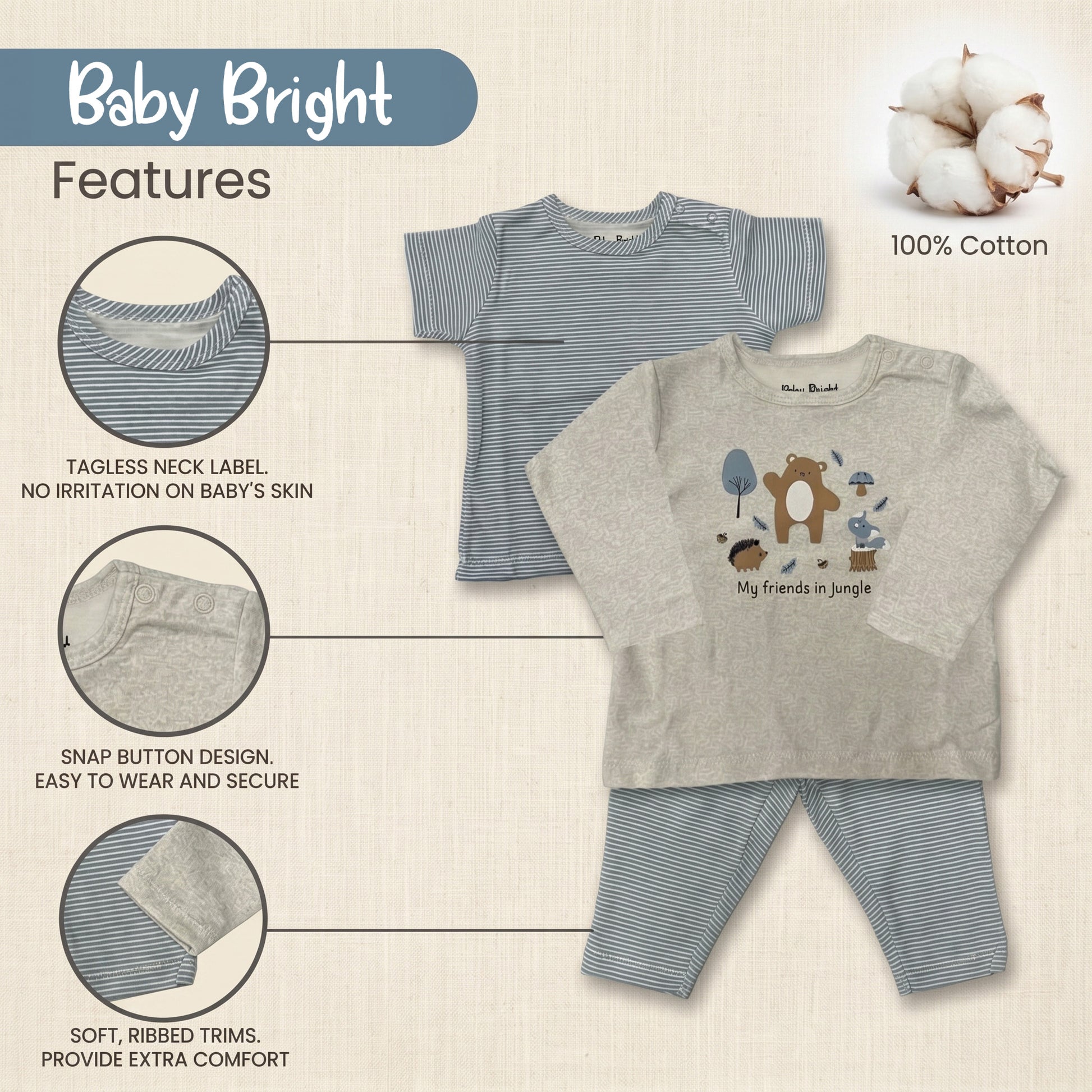 The image is a collage of two baby clothing items, a gray and white striped shirt and a gray and white striped pajama set, along with a close-up view of the clothing. The image also includes text that provides details about the clothing, such as the tagless neck label, 100% cotton, snap button design, soft ribbed trim, and the phrase "My friends in jungle".