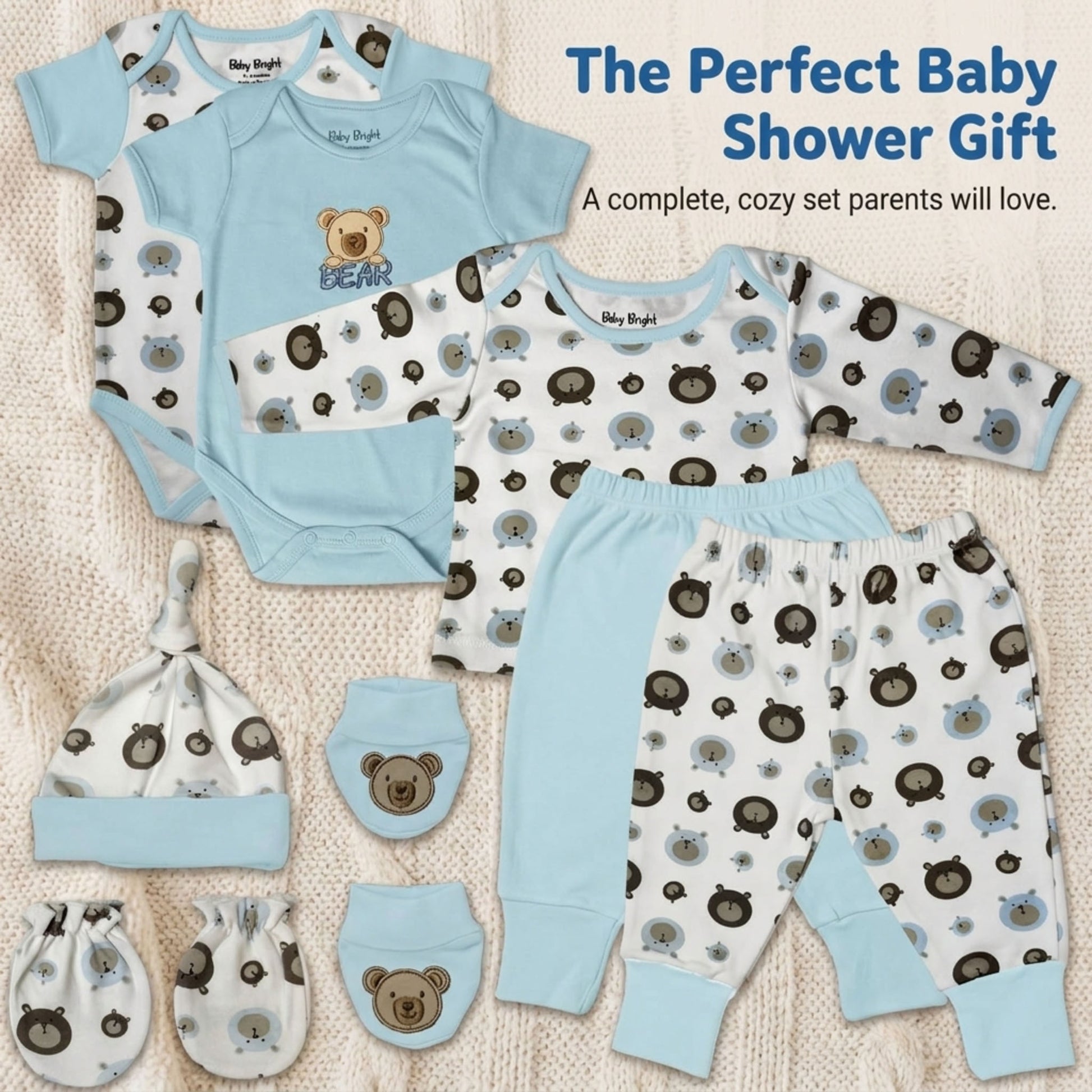 A collection of baby clothing and accessories, including onesies, pajamas, hats, and booties, arranged on a white background.