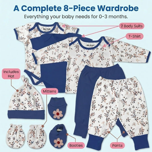 The image is a collage of various baby clothing items, including a complete 8-piece wardrobe for a baby, including a hat, mittens, booties, and pants.