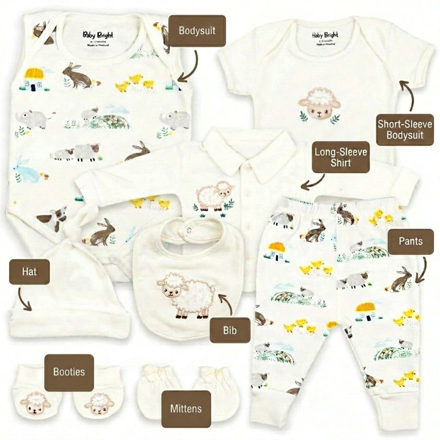 A collection of baby clothing and accessories, including a white onesie, a long-sleeve shirt, a short-sleeve shirt, a hat, a bib, mittens, and booties, all featuring a sheep and rabbit pattern.