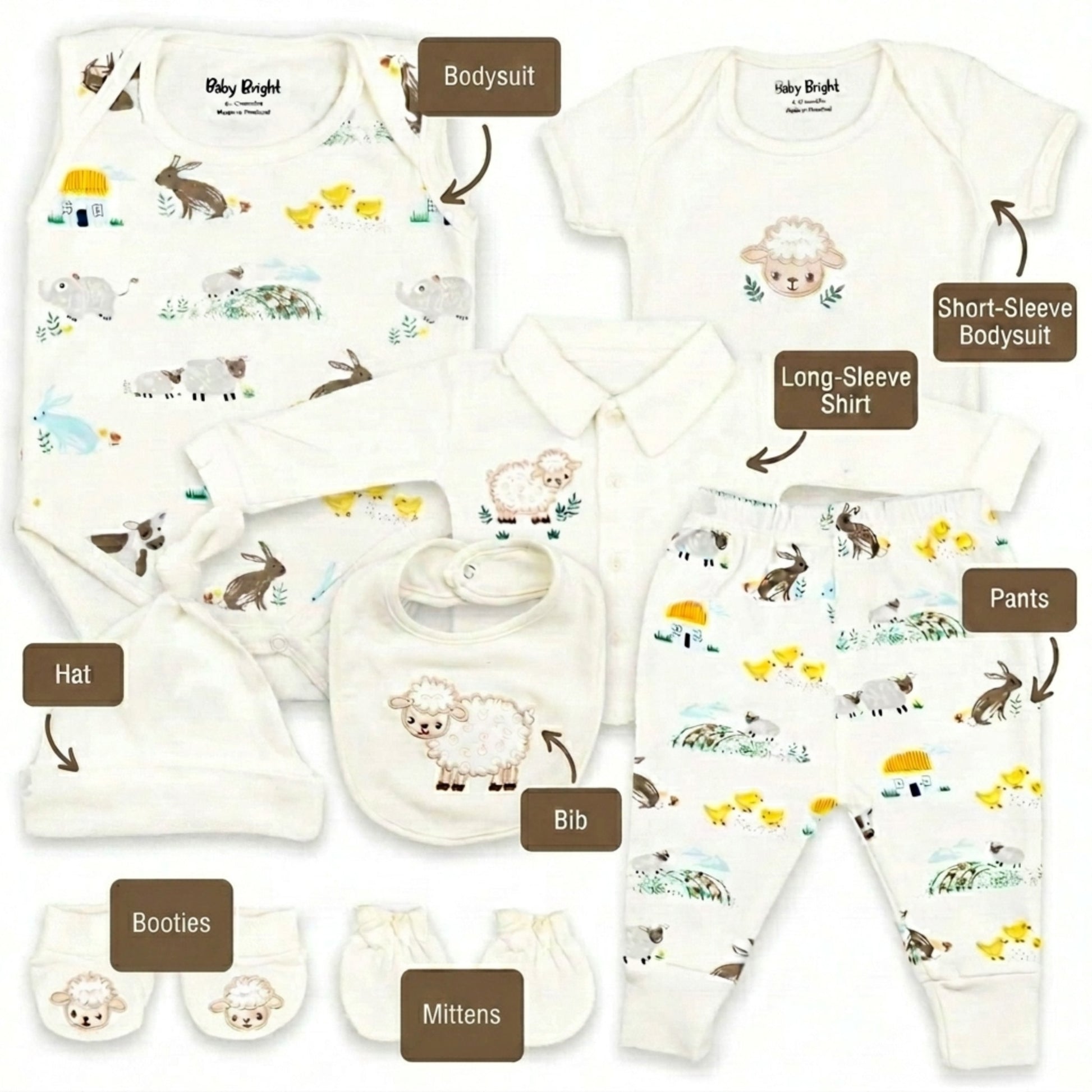 A collection of baby clothing and accessories, including a white onesie, a long-sleeve shirt, a short-sleeve shirt, a hat, a bib, mittens, and booties, all featuring a sheep and rabbit pattern.