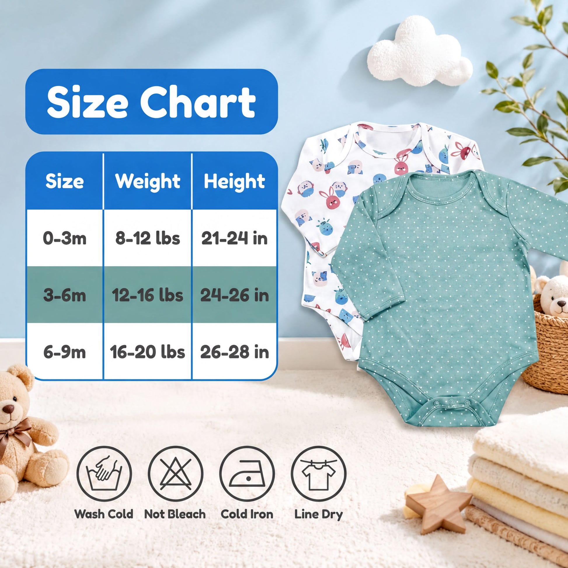 The image is a size chart for baby clothes, with a baby onesie displayed on a bed next to it. The chart provides measurements for different age groups, including 0-3 months, 3-6 months, and 6-9 months. There are also icons indicating the recommended washing and ironing methods for each age group.