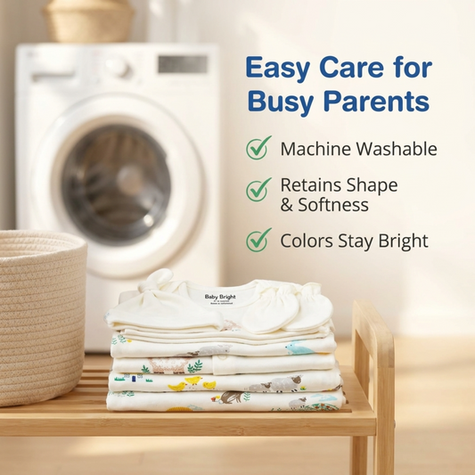 a stack of baby clothes on a wooden shelf, with a washing machine visible in the background. The text overlay highlights the benefits of the baby clothes, such as being machine washable, retaining shape and softness, and having colors that stay bright.
