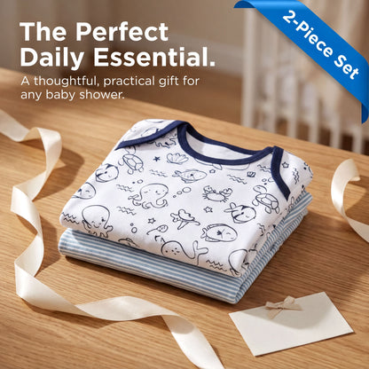 a set of baby shower essentials, including a baby onesie with a playful design, a folded blanket, and a small card with a bow.