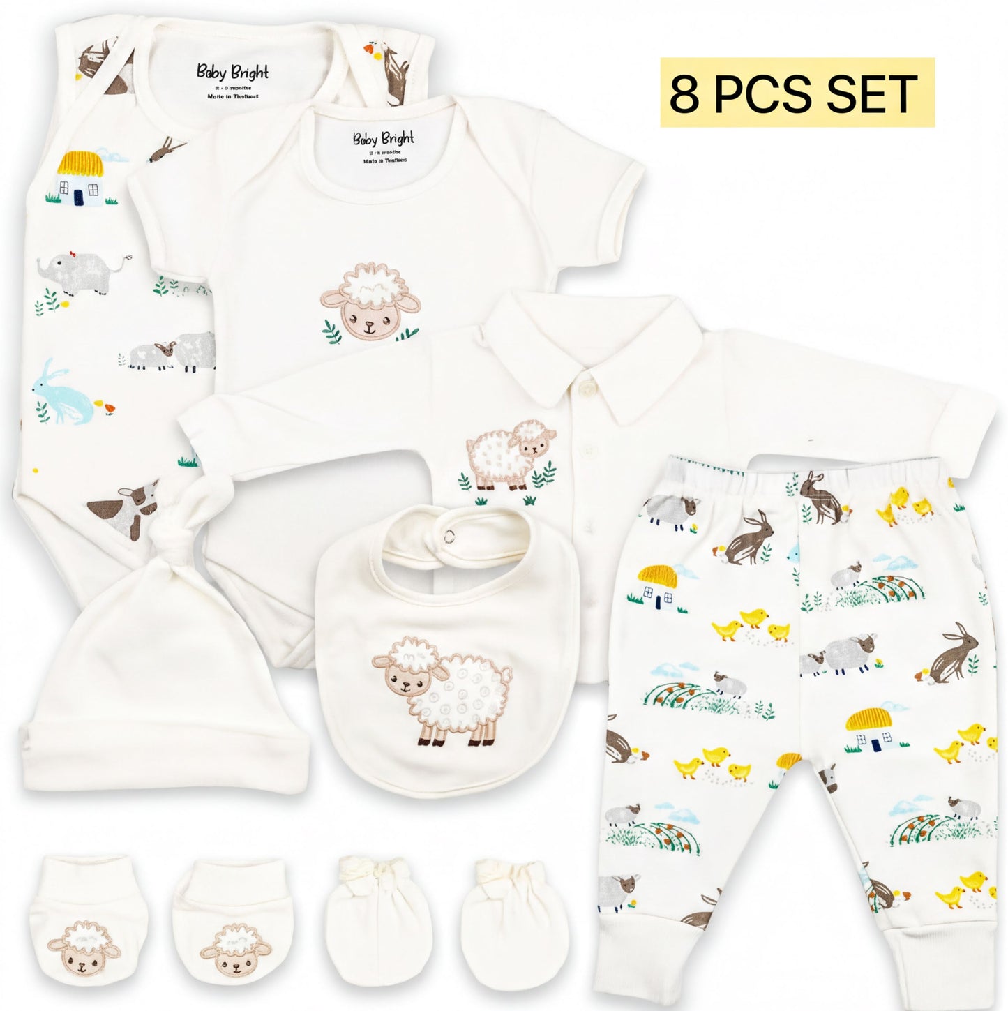 A set of baby clothing and accessories, including a onesie, pants, a bib, and socks, all featuring animal prints and a farm theme.