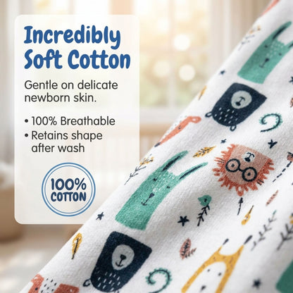 The image is a close-up of a soft cotton fabric with a playful animal print, including a lion, rabbit, and bear. The fabric appears to be 100% cotton, and the text highlights that it is gentle on delicate newborn skin, 100% breathable, and retains its shape after washing.