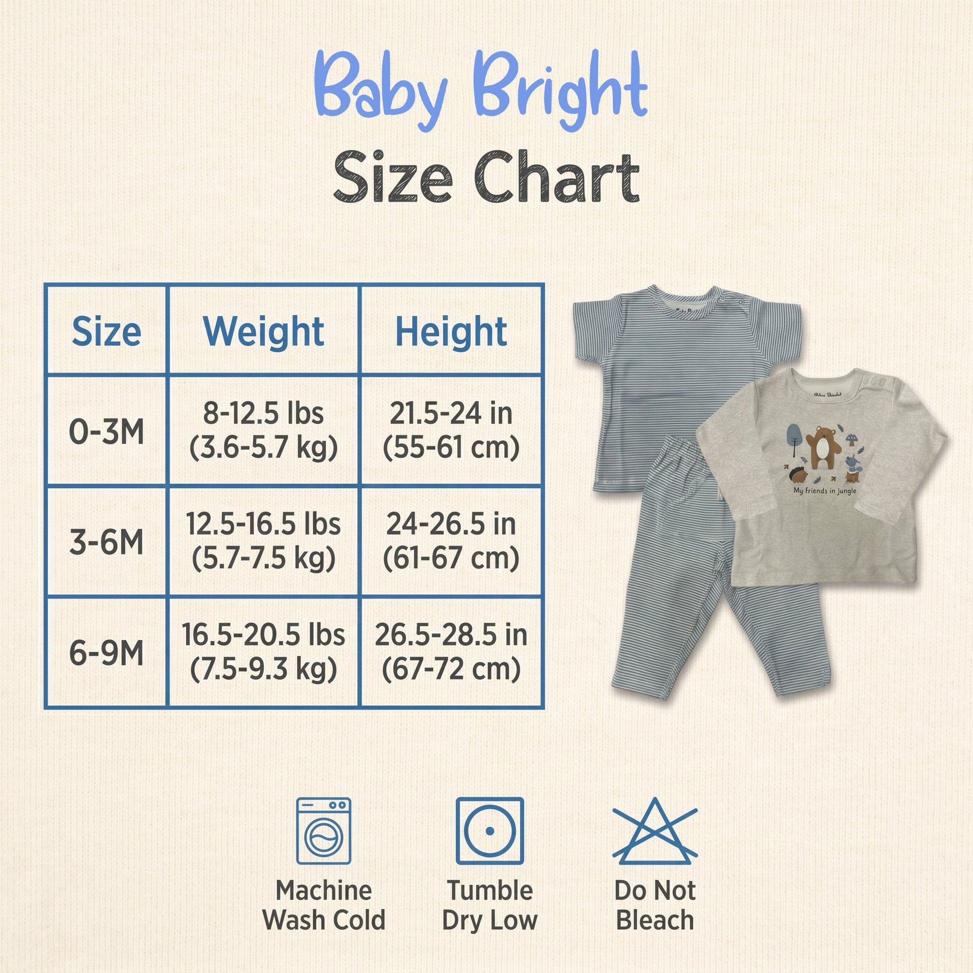 The image is a size chart for baby clothing, including a table with weight and height measurements for different age groups, and a picture of baby clothes.