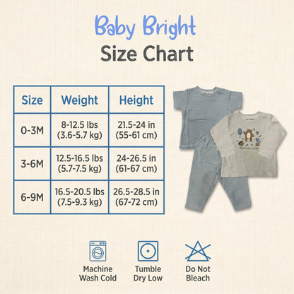 The image is a size chart for baby clothing, including a table with weight and height measurements for different age groups, and a picture of baby clothes.