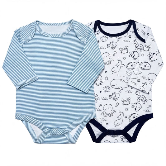 two baby onesies, one striped and one with a black and white ocean-themed print.