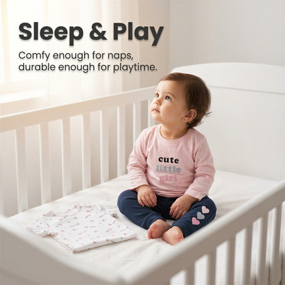 A baby girl sits in a crib, wearing a pink shirt with the words "cute little girl" and blue pants with three hearts.