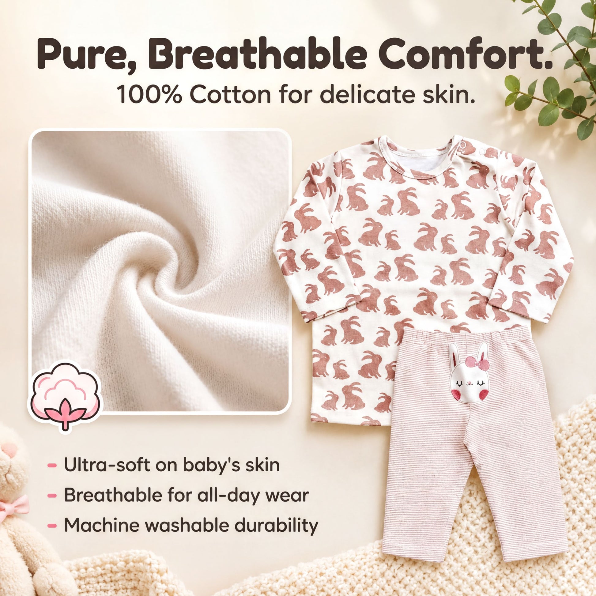 The image is a collage of two photos. The top photo shows a close-up of a pure cotton fabric, highlighting its softness and breathability. The bottom photo displays a pair of baby pajamas with a rabbit pattern, emphasizing their comfort and machine washability.