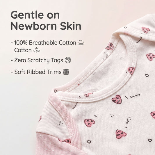 a close-up of a baby's clothing, specifically a white onesie with a pink pattern. The text above the image reads "Gentle on Newborn Skin", and below it, there are descriptions of the clothing's features: 100% breathable cotton, zero scratchy tags, and soft ribbed trims.