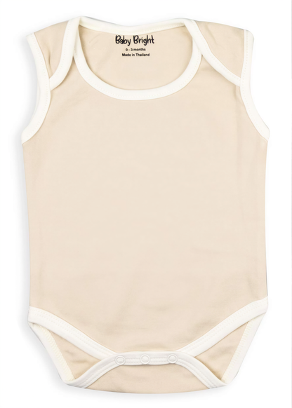 A beige baby onesie with white trim, featuring a simple and classic design.