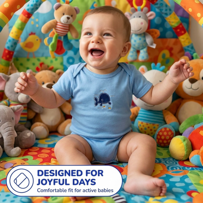 A smiling baby boy sitting on a colorful play mat surrounded by various stuffed animals.