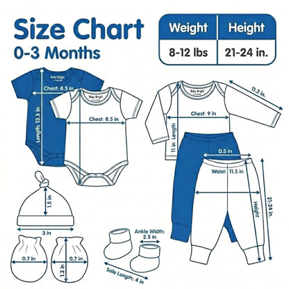 The image is a size chart for baby clothing, providing measurements for various items such as a onesie, pants, and a hat. The chart includes weight and height measurements for different age groups, ranging from 0 to 3 months.