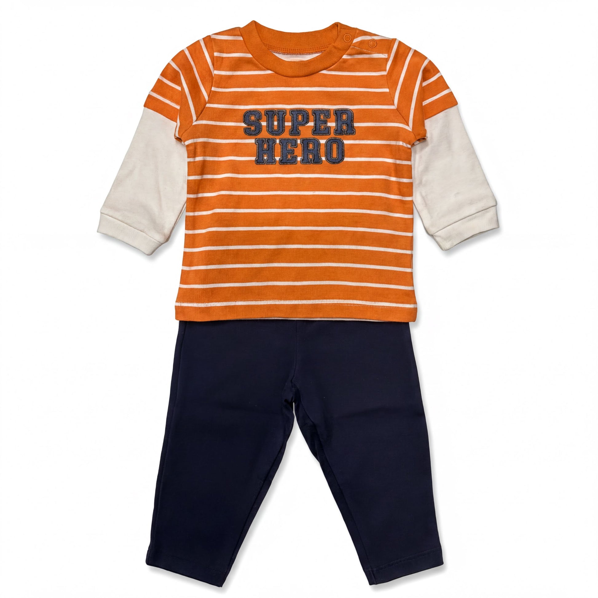 Orange and white striped shirt with the text "SUPER HERO" printed on it, paired with navy blue pants.