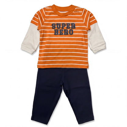Orange and white striped shirt with the text "SUPER HERO" printed on it, paired with navy blue pants.
