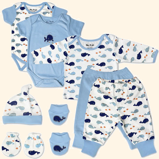 WhaleDream – Baby Bright 8-Piece Cotton Layette Set for Baby Boys, 0–3 Months Blue