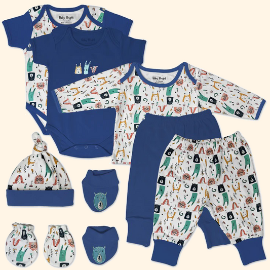 Blue Whimsy – Baby Bright 8-Piece Soft Cotton Layette Set for Baby Boys, 0–3 Months Cartoon