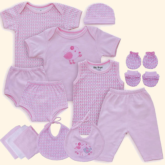 Pink Blossom – Baby Bright 14-Piece Soft Cotton Layette Set for Baby Girls, 0–3 Months