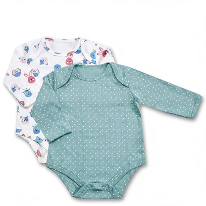 two baby onesies, one with a polka dot pattern and the other with a bunny pattern, both featuring long sleeves.