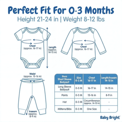 The image is a visual guide for parents to determine the perfect fit for their baby's clothing, specifically for a short sleeve bodysuit and pants. It provides measurements and corresponding sizes for different age groups, ranging from 0 to 3 months.