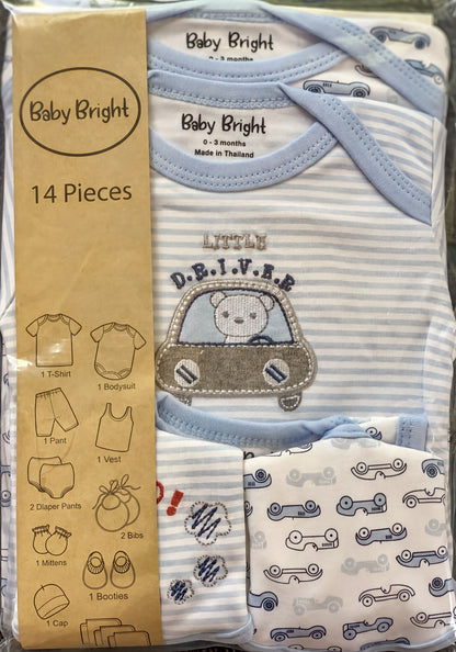 A package containing a set of baby clothes, including a blue and white striped onesie, a blue and white striped bib, and a blue and white striped diaper bag. The package also includes a label with various baby clothing items and a t-shirt.
