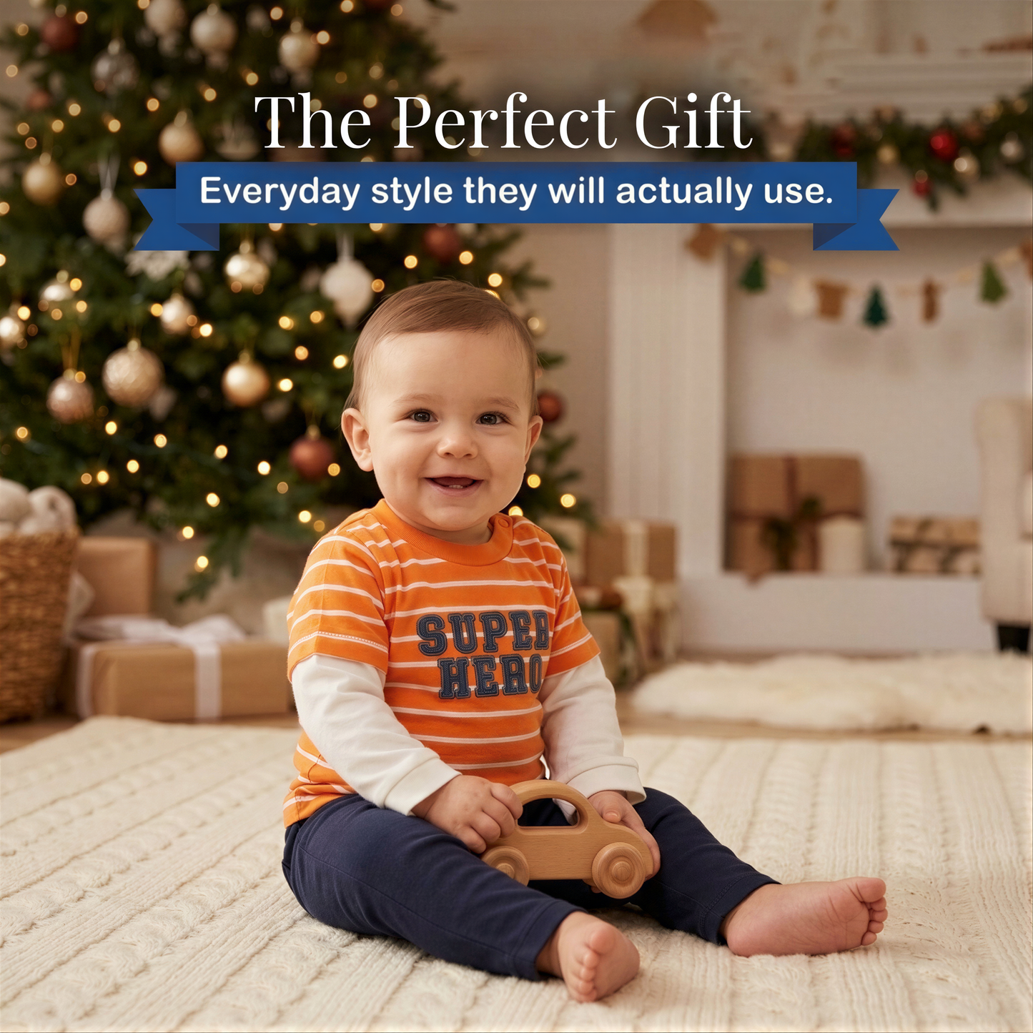 A smiling baby boy in an orange and blue striped shirt sits on a white rug, holding a wooden toy car, with a Christmas tree and presents in the background.