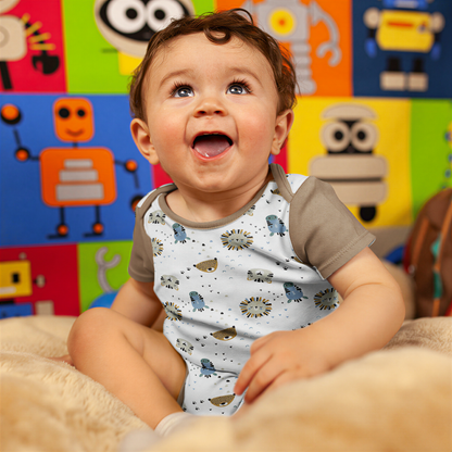 A smiling baby boy sitting on a bed, wearing a white onesie with animal designs.
