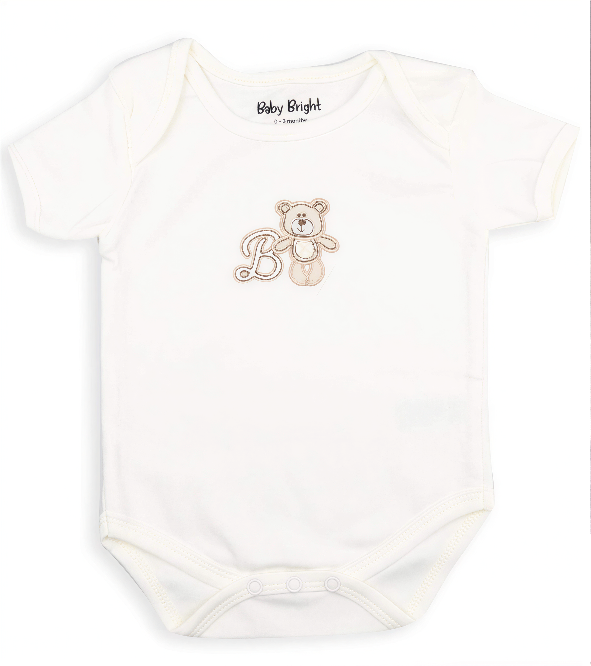 A white baby onesie with a teddy bear printed on it.
