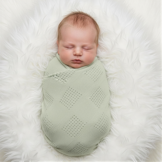 A newborn baby is peacefully sleeping, swaddled in a light green blanket, lying on a white fur rug.