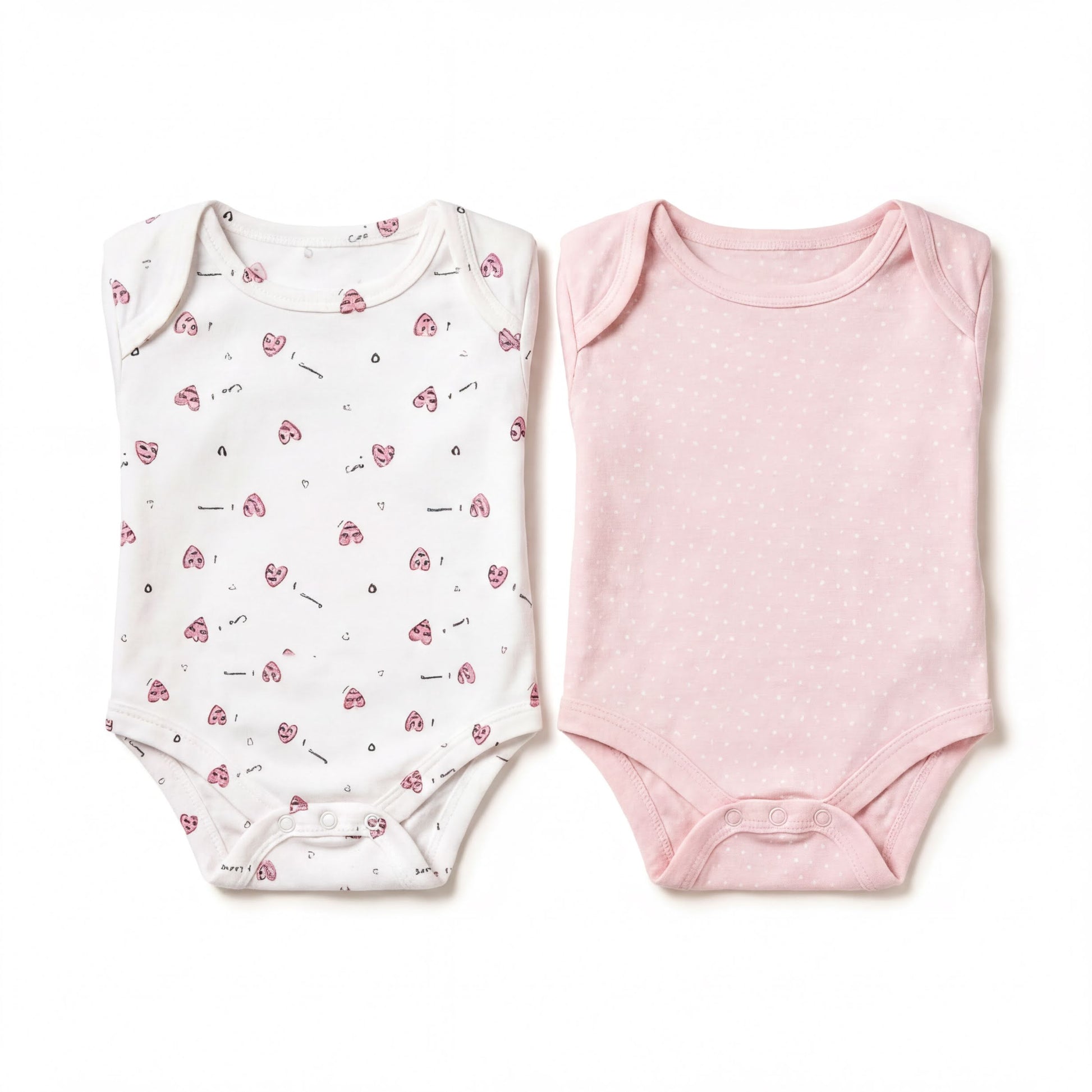 two baby onesies, one white with a pattern of hearts and one pink with polka dots, both laid out on a white background.