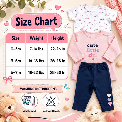The image is a size chart for baby clothing, including a pink shirt, blue pants, and a teddy bear. The chart provides measurements and corresponding clothing sizes for different age groups, from 0 to 3 months, 3 to 6 months, and 6 to 9 months. The chart also includes washing instructions for the baby clothes.